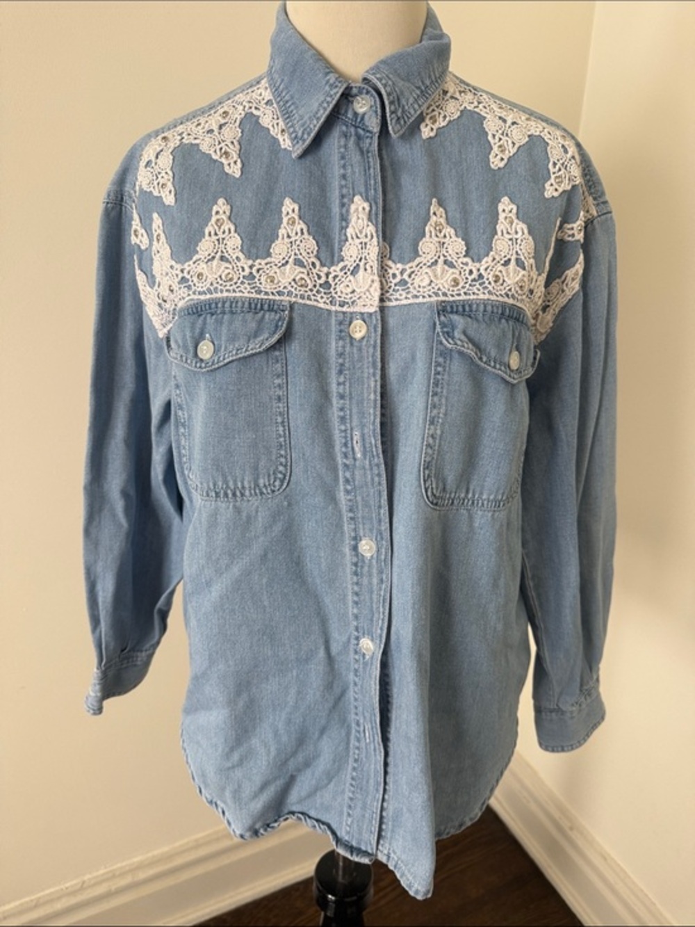Poetic License Light Wash Denim Button-Up Shirt with White Lace Yoke Small